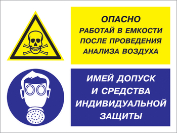Кз 90 опасно - работай в емкости после проведения анализа воздуха. имей допуск и средства индивидуальной защиты. (пластик, 400х300 мм) - Знаки безопасности - Комбинированные знаки безопасности - Магазин охраны труда ohranatruda-shop.ru